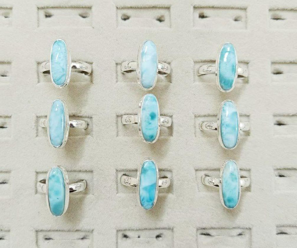 Wholesale lot of 9 Long gems Larimar Rings in 925 Sterling Silver . (Ring Sizes- 7,8,9)