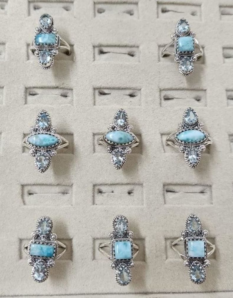 Wholesale lot of 8 Native American Style Larimar and Blue Topaz Ring in 925 Sterling Silver. (Ring sizes- 6,7,8,9,10)