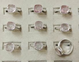 Wholesale lot of 9 Rose Quartz Cushion Shaped Rings in 925 Sterling Silver. (Ring Sizes- 6,7,8,9)