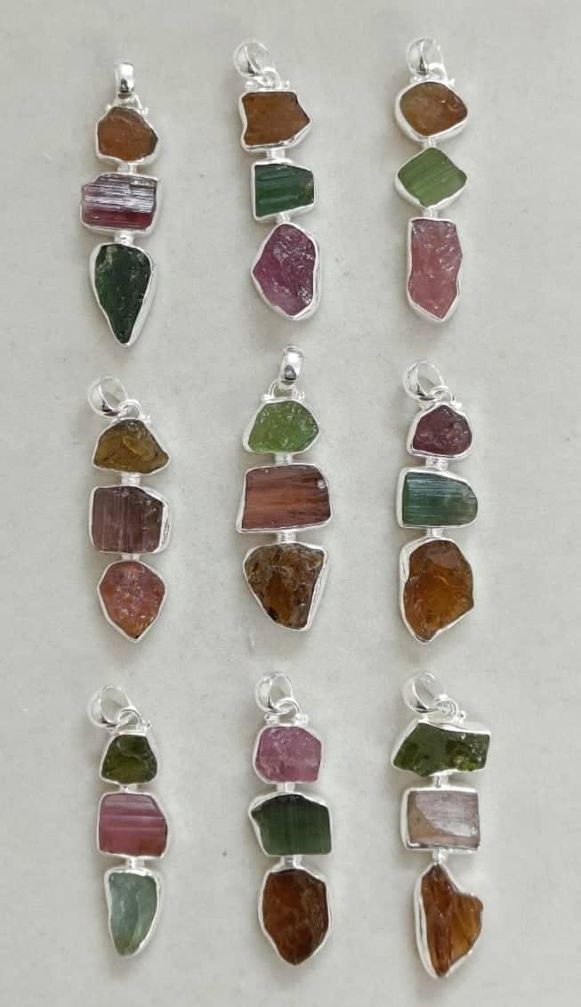 Wholesale lot of 9 Multicolor Rough Tourmaline Gemstone Pendants in 925 Sterling Silver