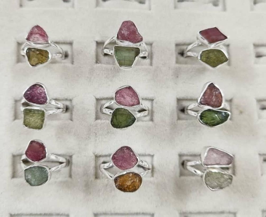 Wholesale lot of 9 Multicolor Rough Tourmaline rings in 925 Sterling Silver (Ring Sizes-6,7,8,9)