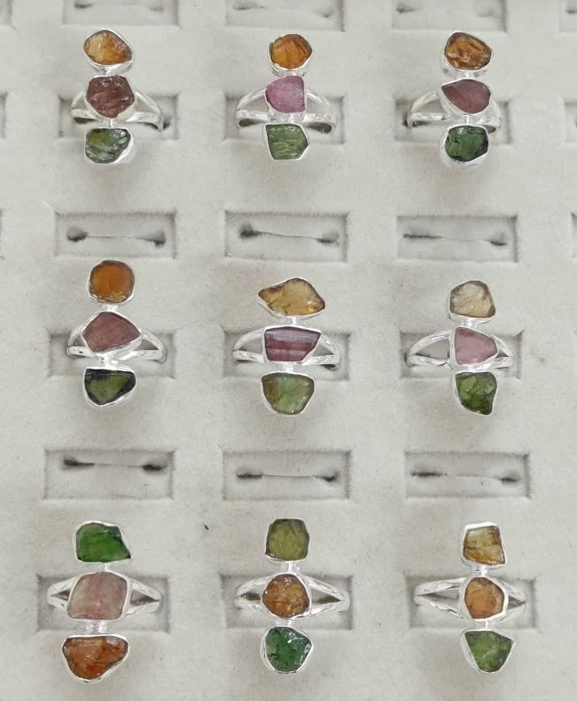 Wholesale lot of 9 Multicolor Three stone Tourmaline rings in 925 Sterling Silver. (Ring Sizes- 6,7,8,9)