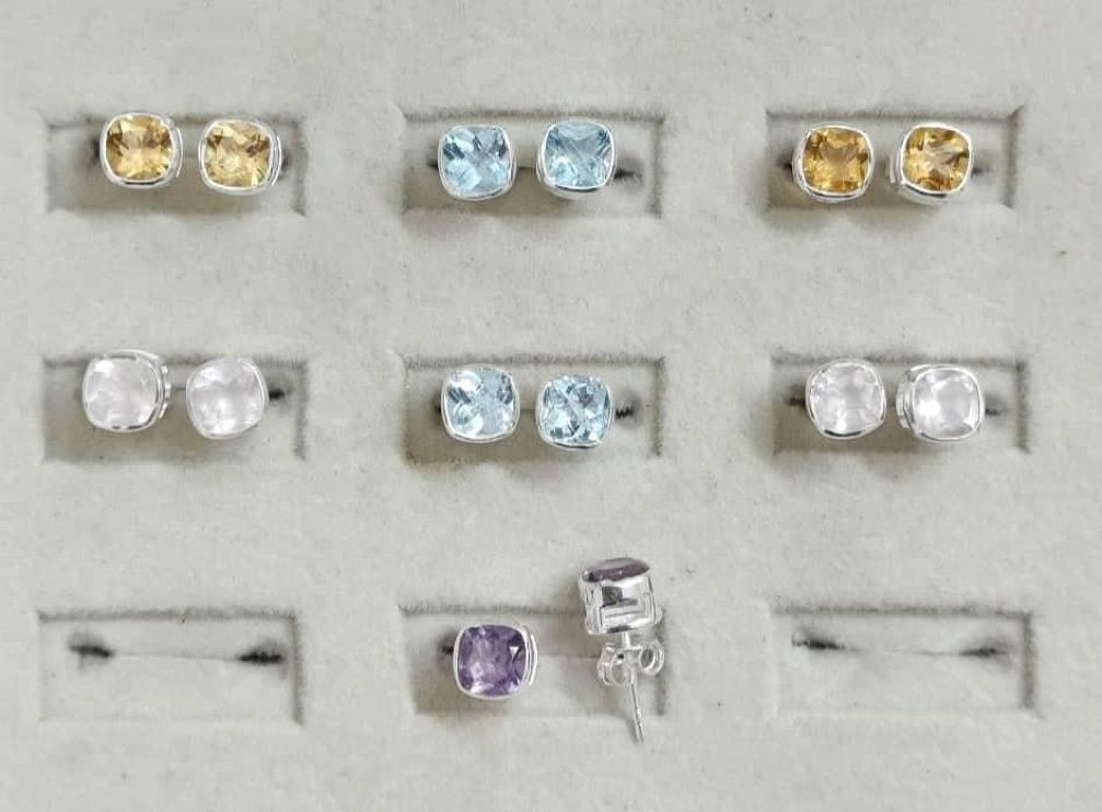 Wholesale lot of 7 Multicolor Multigemstone Cushion Shaped Stud earrings in 925 Sterling Silver.