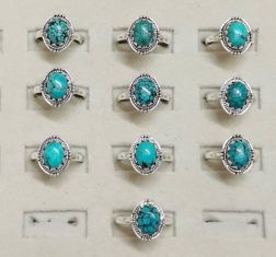 Wholesale lot of 10 Tibetian Turquoise Oval shaped ring in 925 Sterling Silver. (Ring Sizes-6,7,8,9,10)