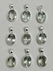 Wholesale lot of 9 Green Amethyst faceted gemstone pendants in 925 Sterling Silver