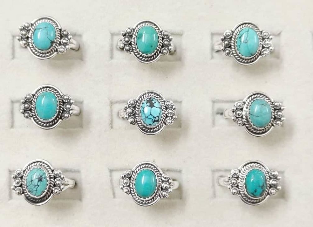 Wholesale lot of 9 Tibetan Turquoise Boho rings in 925 Sterling Silver. (Ring Sizes- 6,7,8,9)