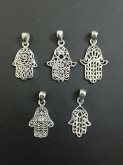 Wholesale lot of 5 Hand of God Hamsa Pendants in 925 Sterling Silver.