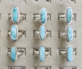 Wholesale lot of 9 Big Gemstone Larimar Rings in 925 Sterling Silver.(Ring Sizes-6-8)