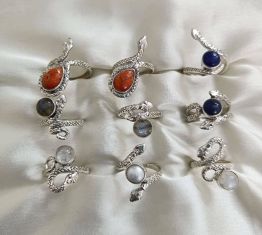 Wholesale lot of 9 Multicolor Multigemstone Snake rings in 925 Sterling Silver.(Ring Sizes-6-9) W199