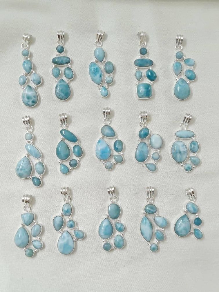 Wholesale lot of 15 Larimar multigemstone pendants in 925 Sterling Silver.