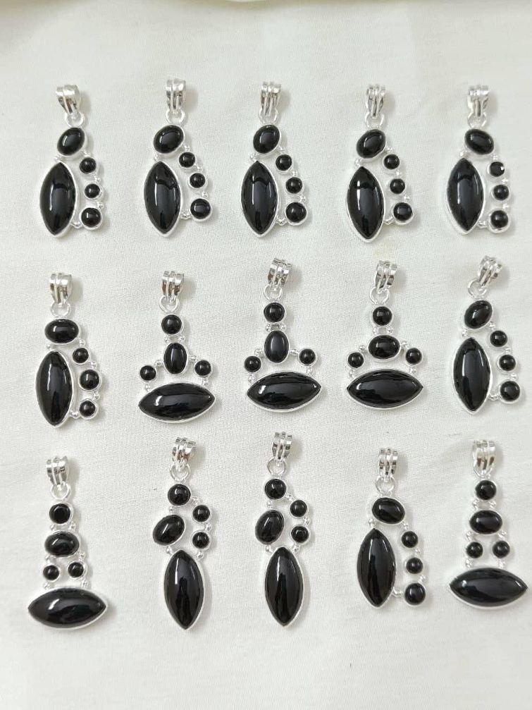 Wholesale lot of 15 Black Onyx multigemstone pendants in 925 Sterling Silver.