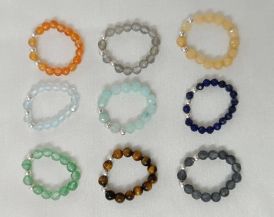 Wholesale lot of 9 Multicolor Multigemstone Adjustable Elastic band beads rings.