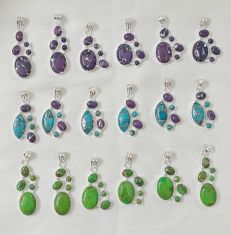 Wholesale lot of 18 Multicolor Multigemstone Tricolor Copper Turquoise pendant in 925 Sterling Silver.