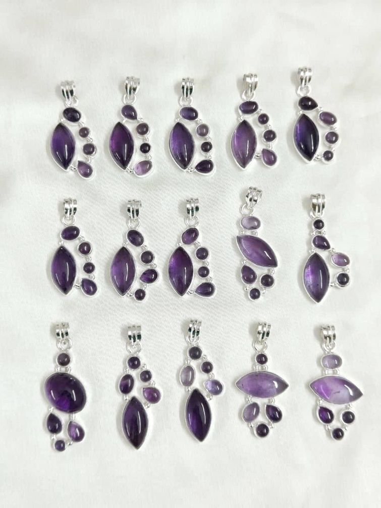 Wholesale lot of 15 Amethyst Multigemstone Pendant  in 925 Sterling Silver.