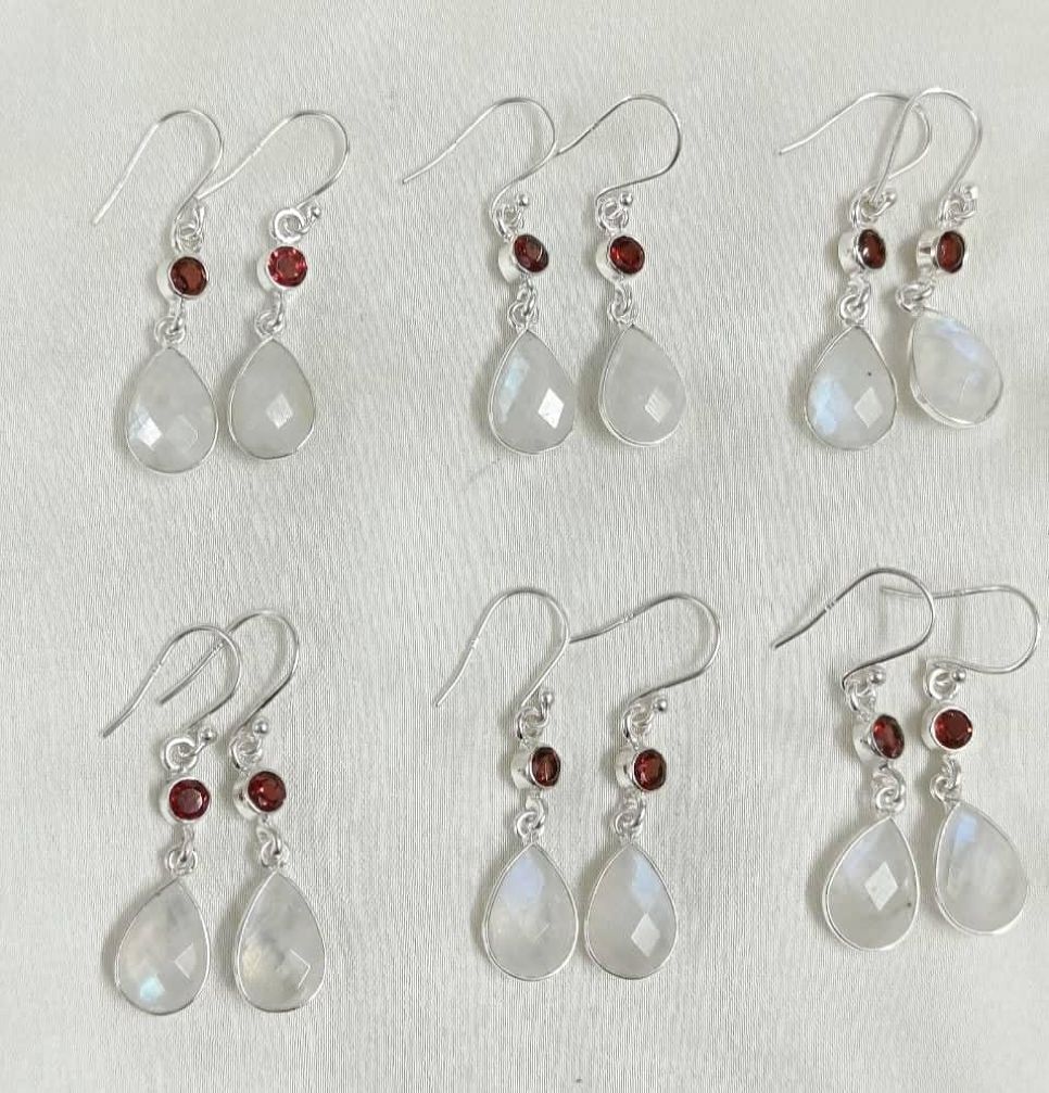 Wholesale lot of 6 Rainbow Moonstone and Garnet Dangle Earrings in 925 Sterling Silver.