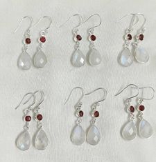 Wholesale lot of 6 Rainbow Moonstone and Garnet Dangle Earrings in 925 Sterling Silver.