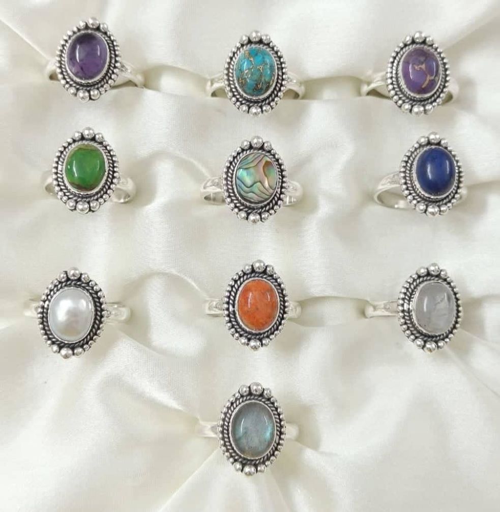 Wholesale lot of 10 Multicolor Multigemstone Retro Bohemian Oval shaped rings in 925 Sterling Silver.(Ring Sizes-6,7,8,9)