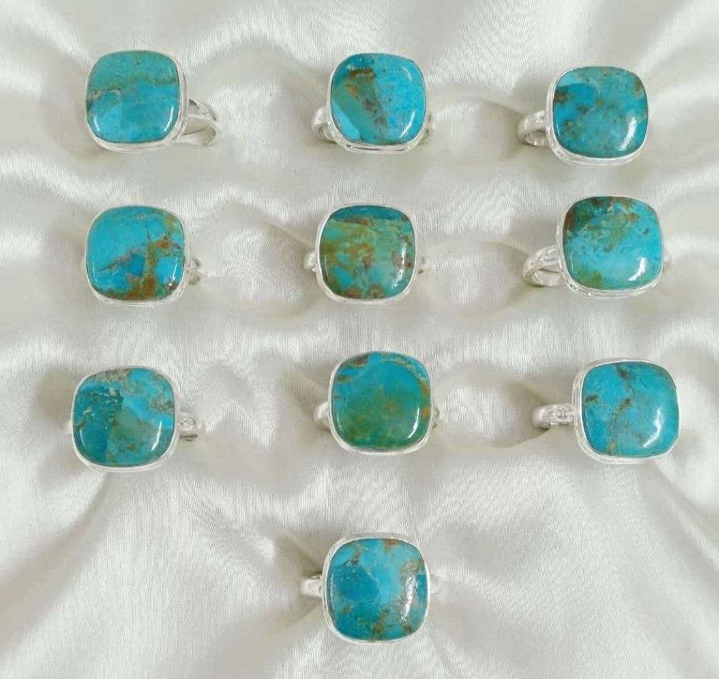 Wholesale lot of 10 Kingman Turquoise Cushion Shaped rings in 925 Sterling Silver.(Ring Sizes-6,7,8,9)