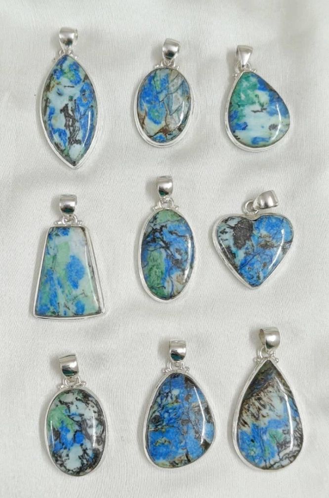 Wholesale lot of 9 Azurite Turquoise pendants in 925 Sterling Silver.