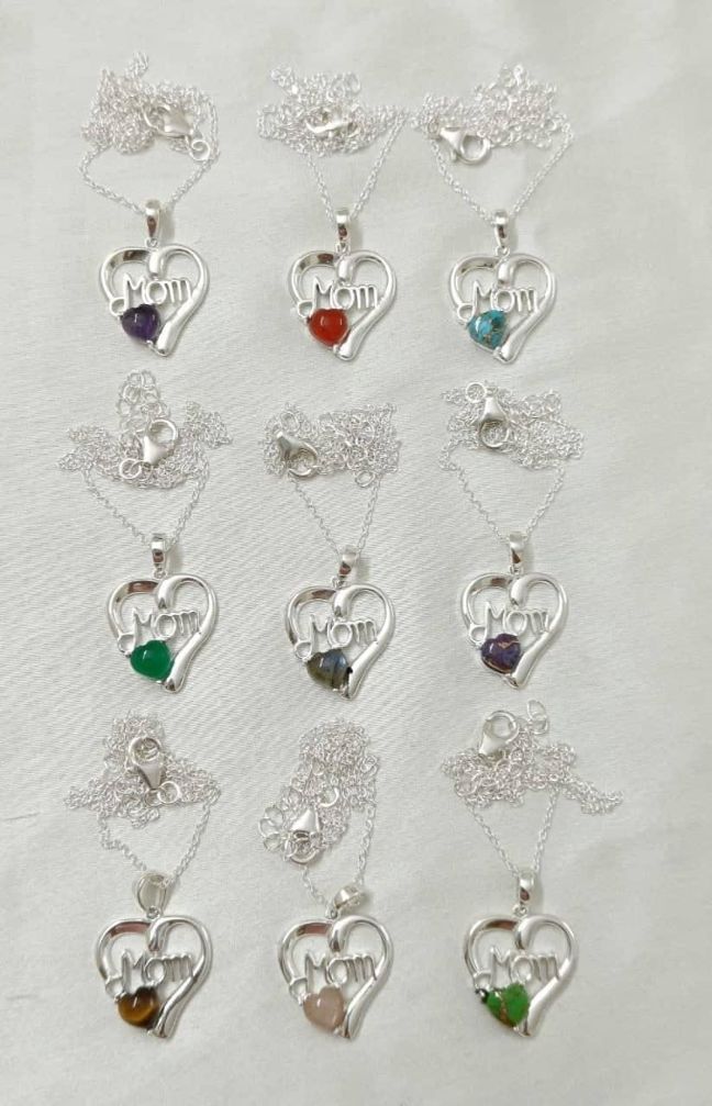 Wholesale lot of 9 Multicolor Multigemstone Mom Heart shaped Necklace in 925 Sterling Silver.