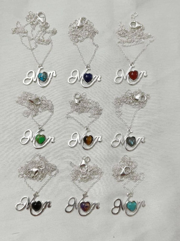 Wholesale lot of 9 Mom Heart shaped Multigemstone Necklace in 925 Sterling Silver.