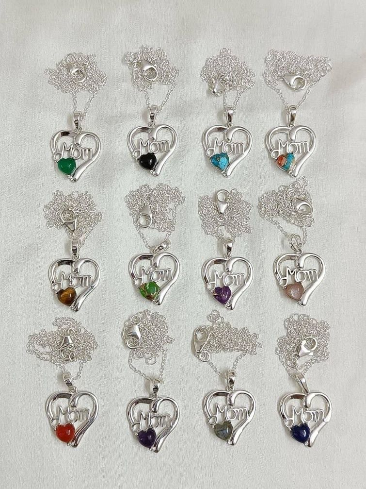 Wholesale lot of 12 Mom Heart shaped Multigemstone Necklace in 925 Sterling Silver.