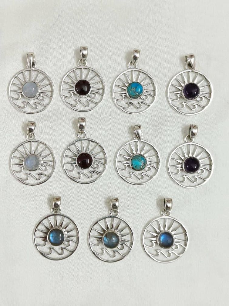 Wholesale lot of 11 Multigemstone Multicolor Sun and wave casting pendants in 925 Sterling Silver.