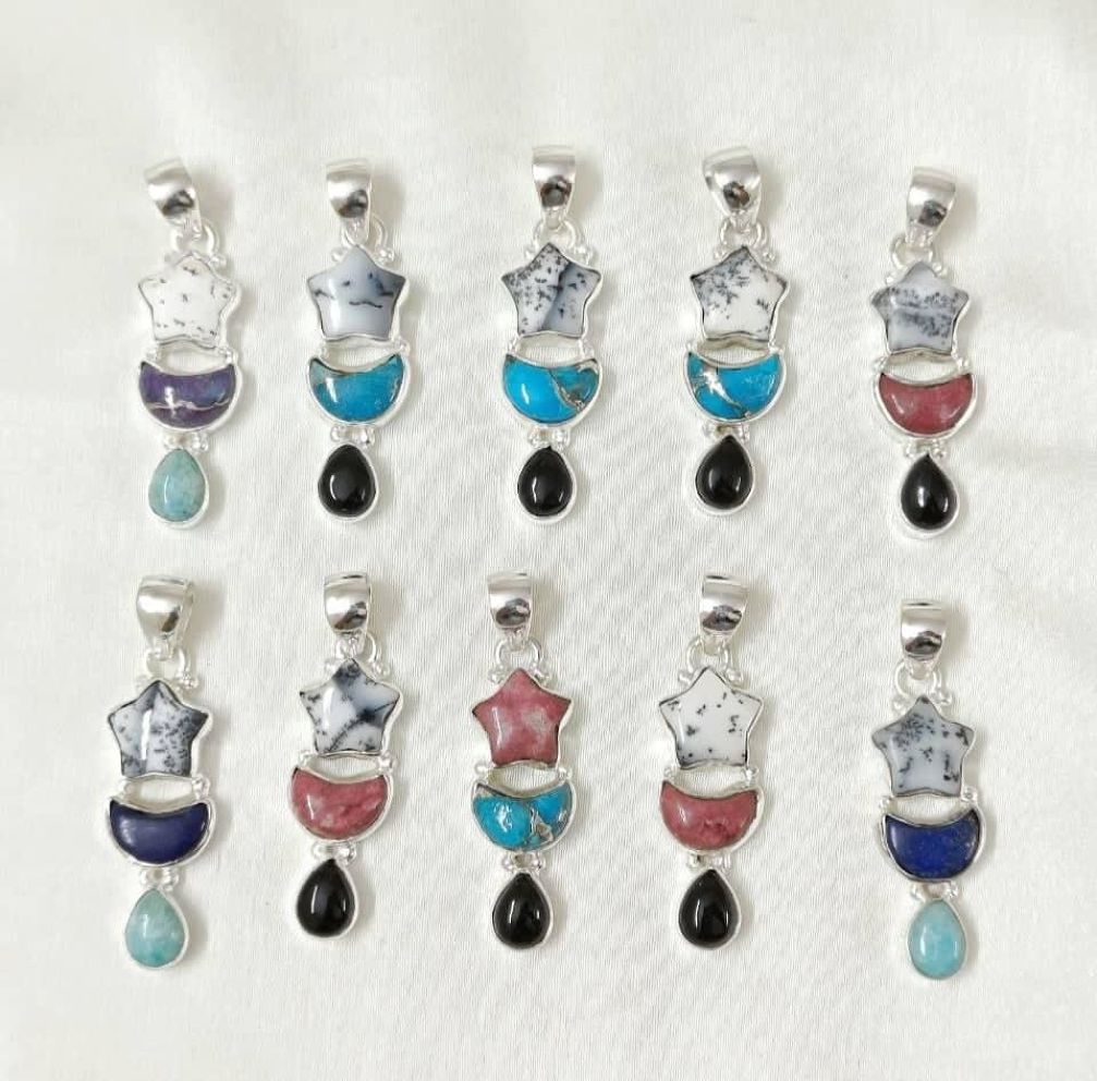 Wholesale lot of 10 Multigemstone Star and Moon pendants in 925 Sterling Silver.