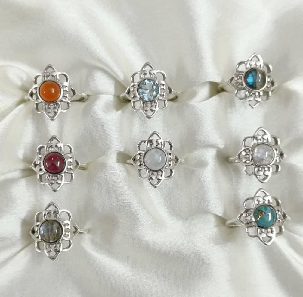 Wholesale lot of 8 Multigemstone Multicolor Midi rings in 925 Sterling Silver.(Ring Sizes-7,8,9,10)