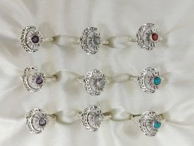 Wholesale lot of 9 Adjustable Sun and Moon Multigemstone rings in 925 Sterling Silver.(Ring Sizes-6,7,8,9)