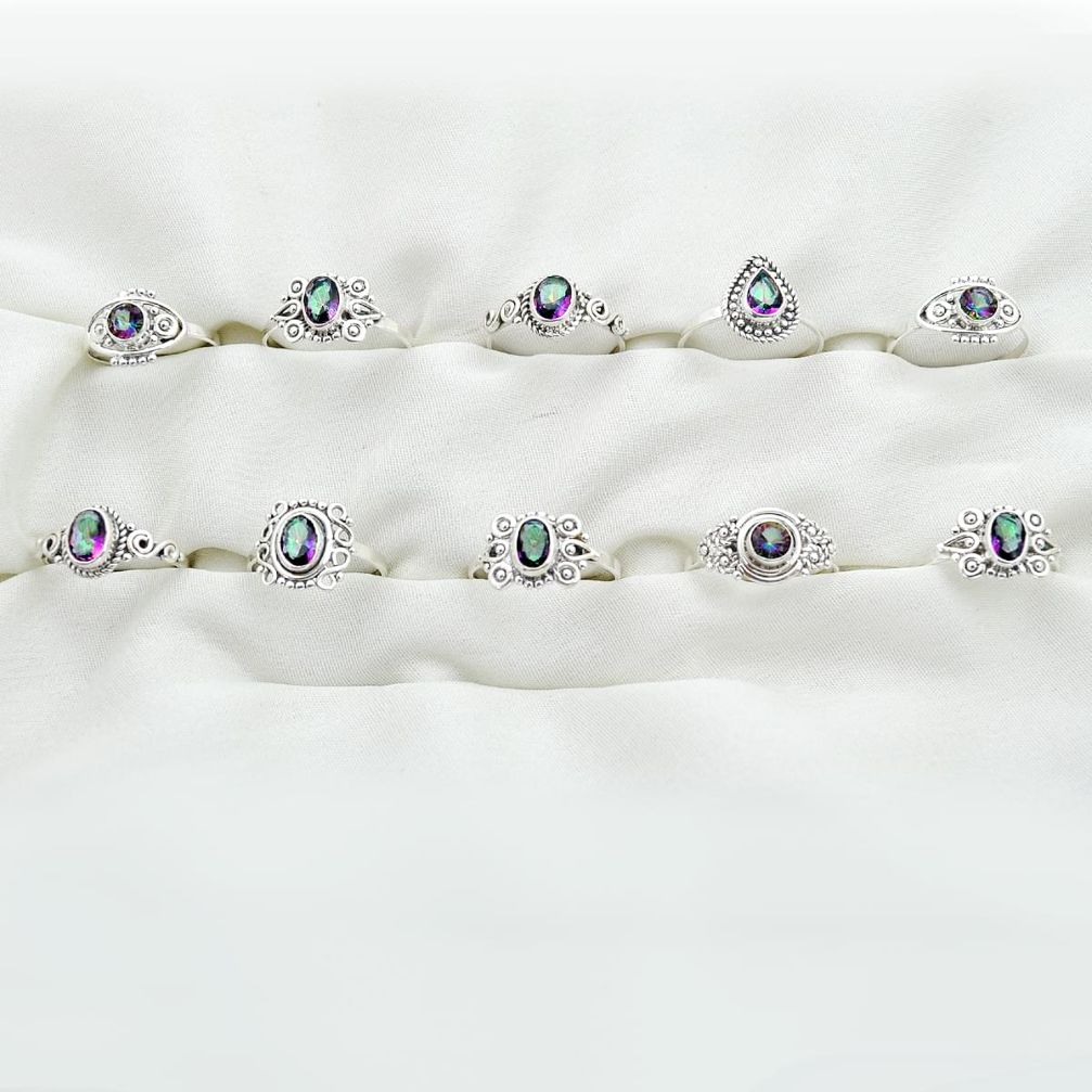 Wholesale lot of 10 natural rainbow topaz 925 silver rings (size 6-9) W972