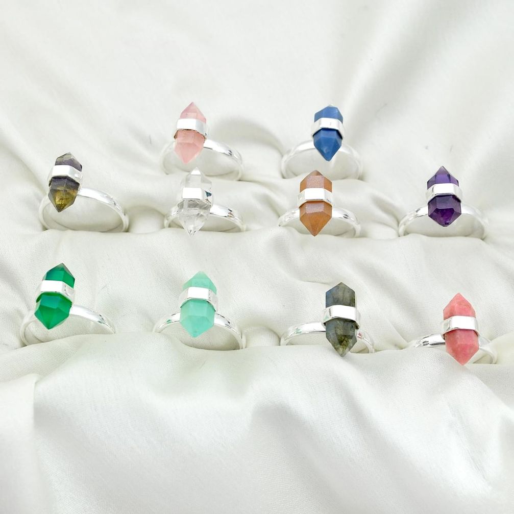 Wholesale lot of 10 multi gemstone 925 silver pointer rings (size 6-8) W970