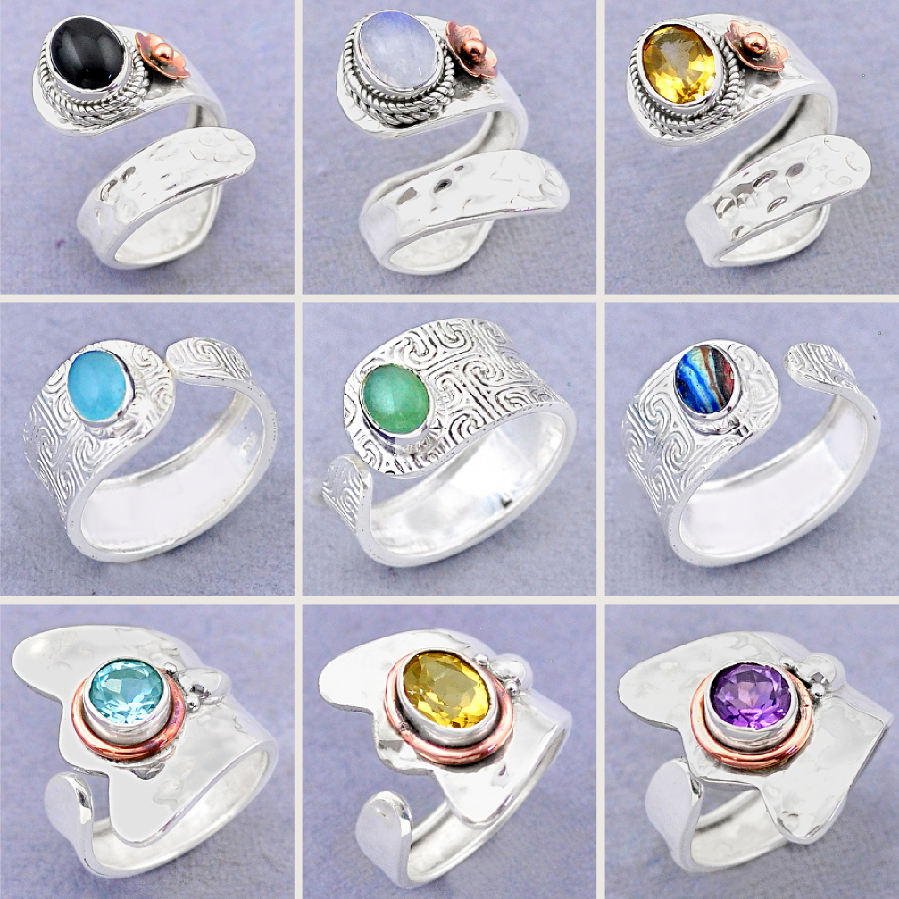 13.54cts wholesale lot of 9 Adjustable 925 silver ring size 6 - 8.5