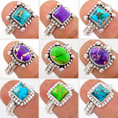 23.61cts wholesale lot of 9 multicolor copper turquoise 925 silver ring size 7 - 8.5
