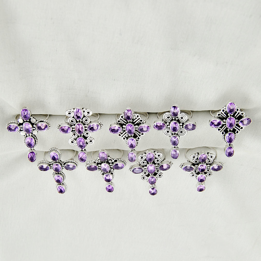 Wholesale lot of 9 natural purple amethyst 925 silver holy cross ring (size 6.5 - 8) w2327