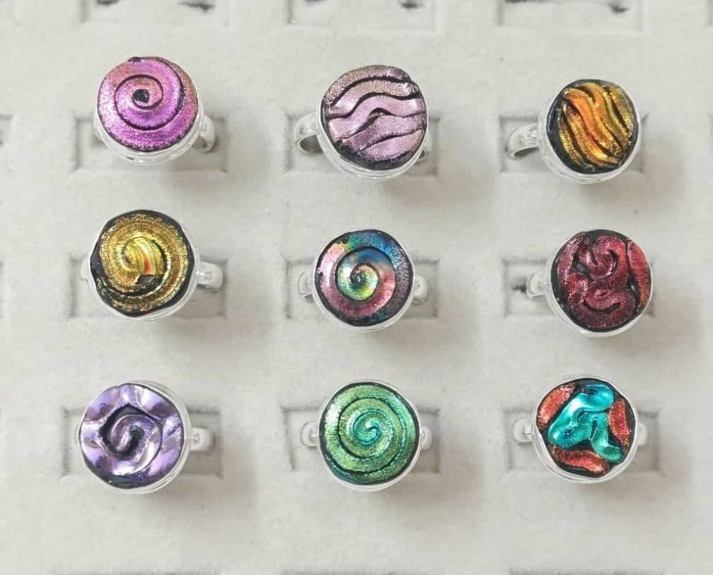 Wholesale lot of 9 multicolor dichroic glass 925 silver ring (size 6-9) W424