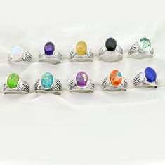 Wholesale lot of 10 natural multicolor multi gemstone 925 silver men's ring (size 9-12) w1006