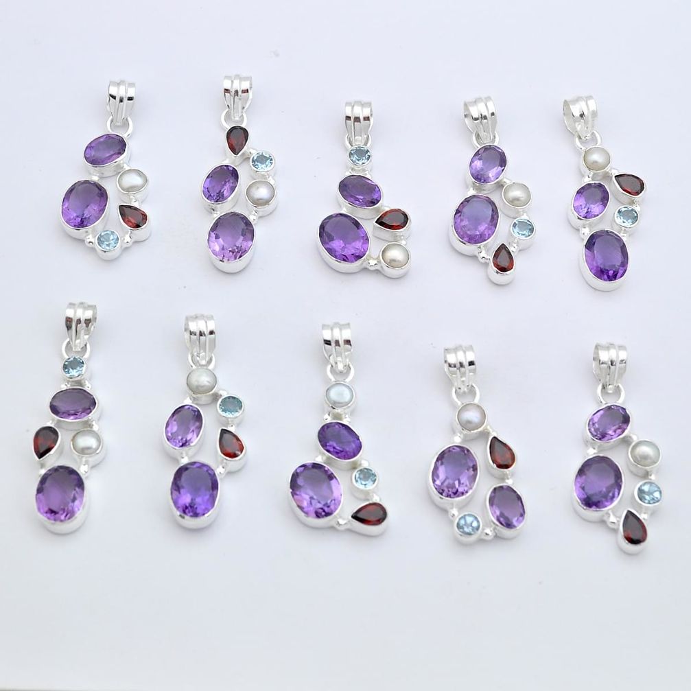 Wholesale lot of 10 natural purple amethyst garnet 925 silver multi gemstone pendant w1034