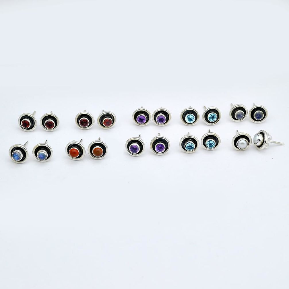 Wholesale lot of 10 natural multicolor multi gemstone 925 silver stud boho earrings w1084