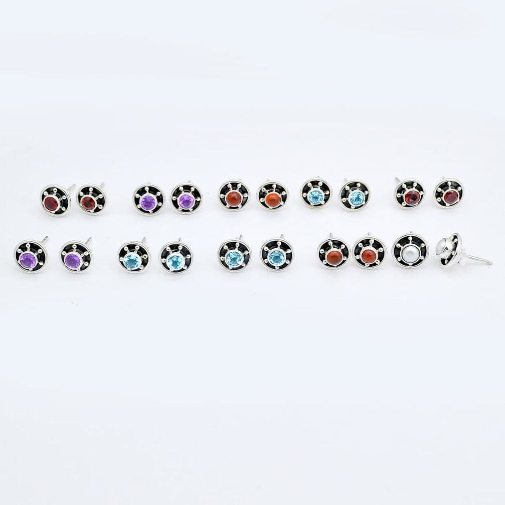 Wholesale lot of 10 natural multicolor multi gemstone 925 silver boho stud earrings w1088