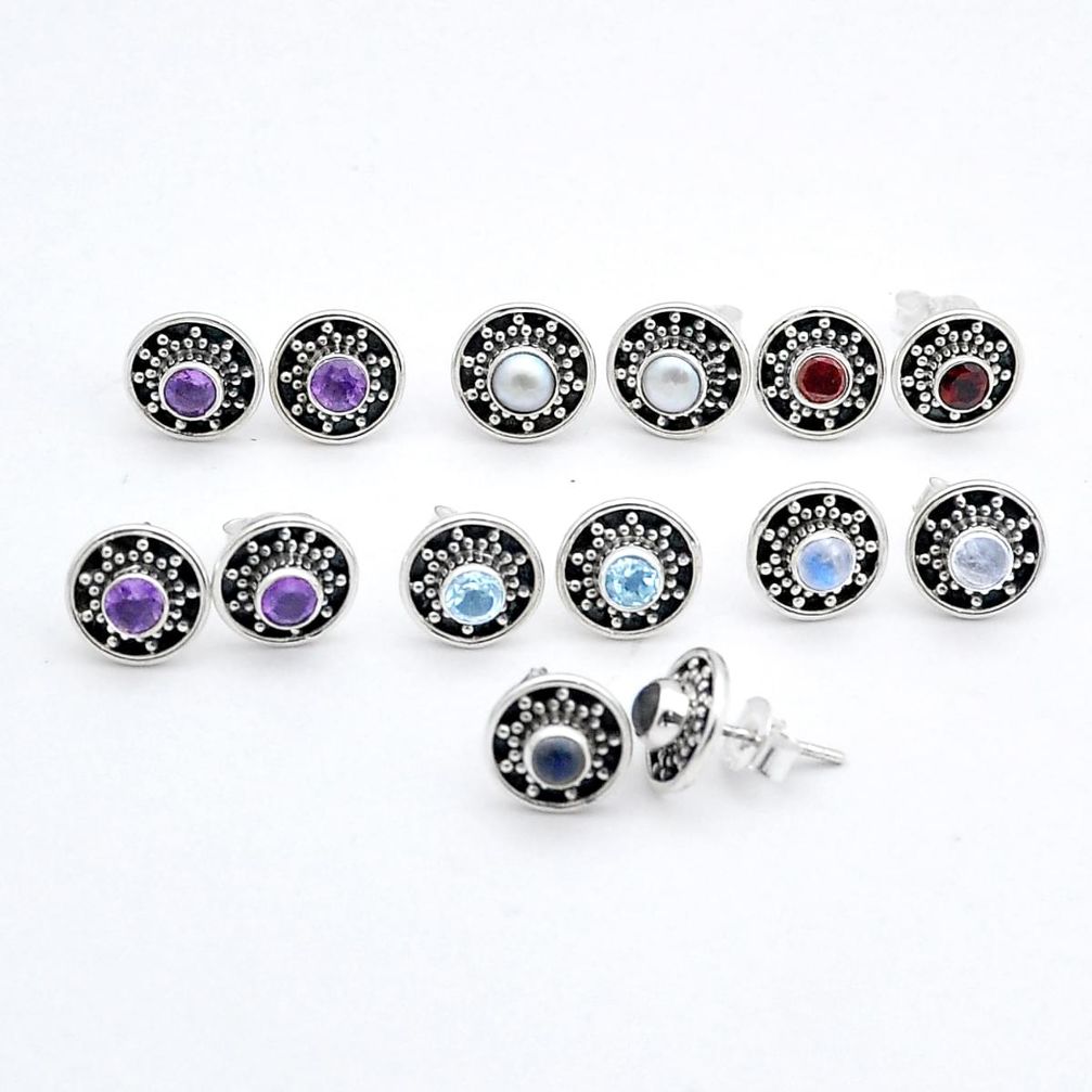 Wholesale lot of 7 natural multicolor multi gemstone 925 silver stud earrings w1089