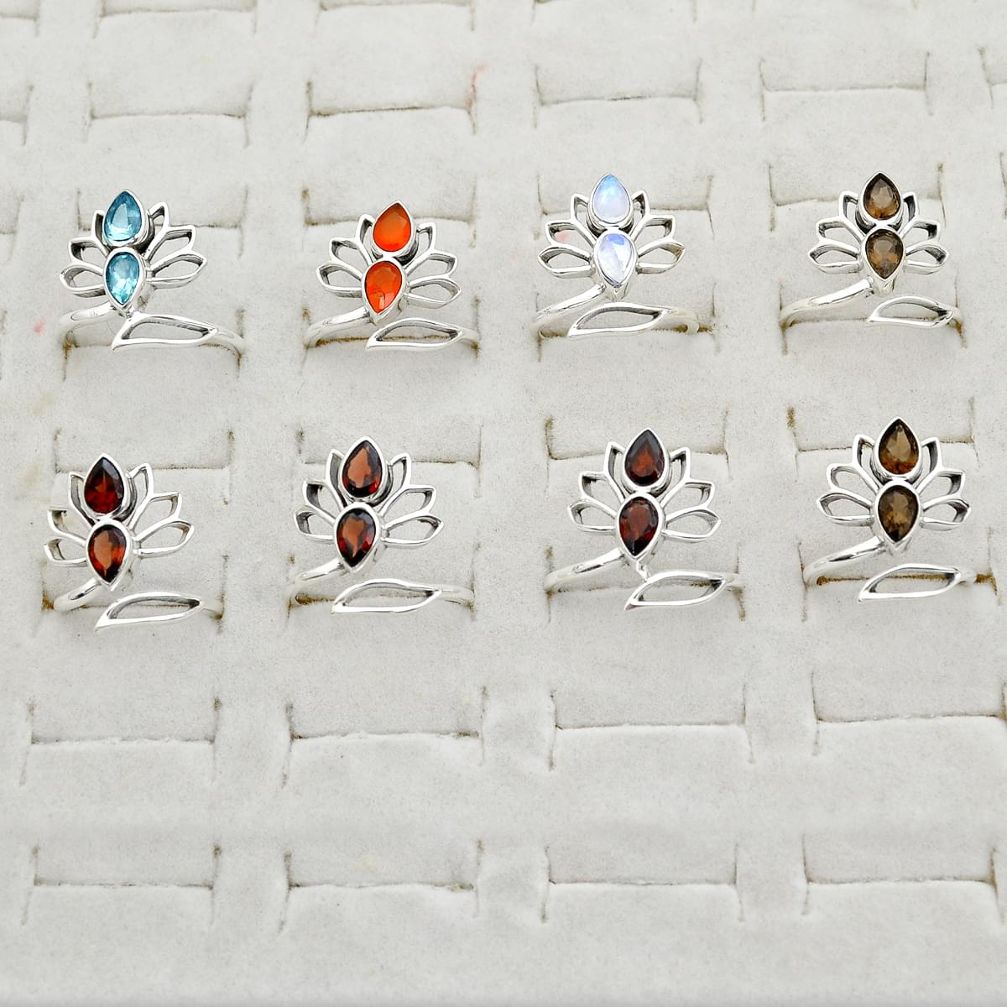 Wholesale lot of 8 natural multicolor multi gemstone 925 silver adjustable lotus ring w1148