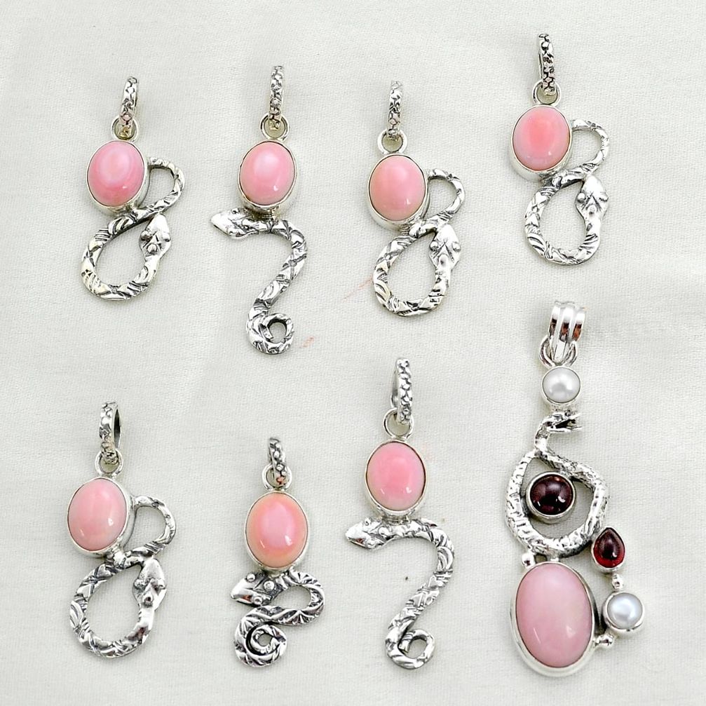 Halloween wholesale lot of 8 natural pink opal 925 sterling silver snake pendant w1309