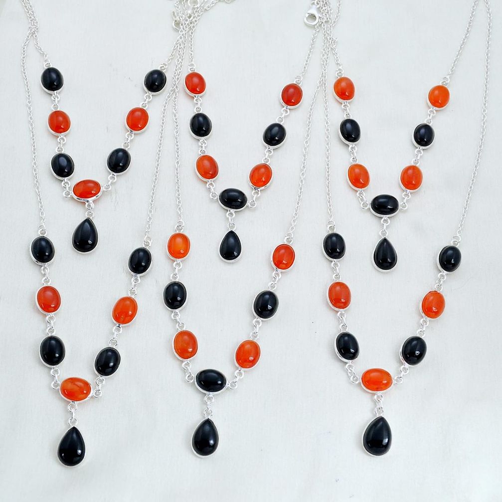 Wholesale lot of 6 natural black onyx carnelian 925 silver necklace w1360