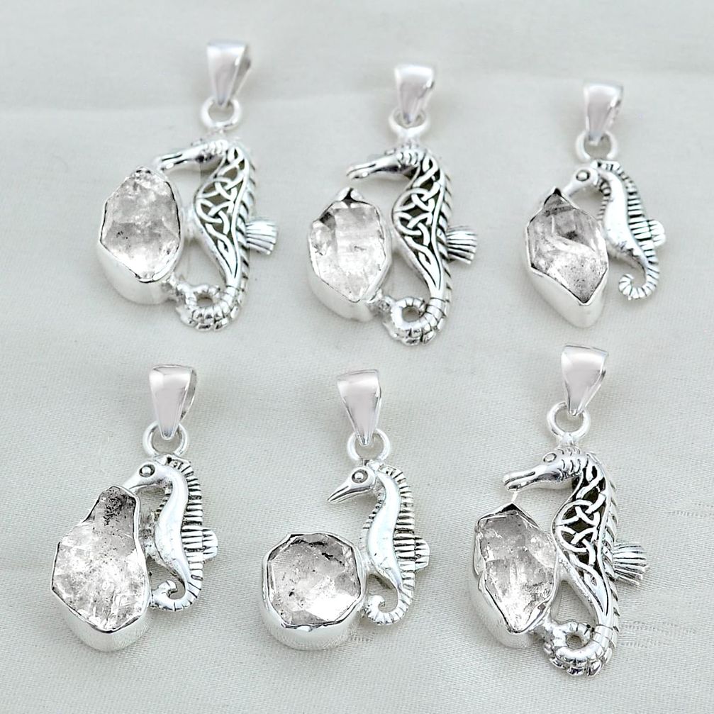 Wholesale lot of 6 natural white herkimer diamond 925 silver seahorse pendant w1367