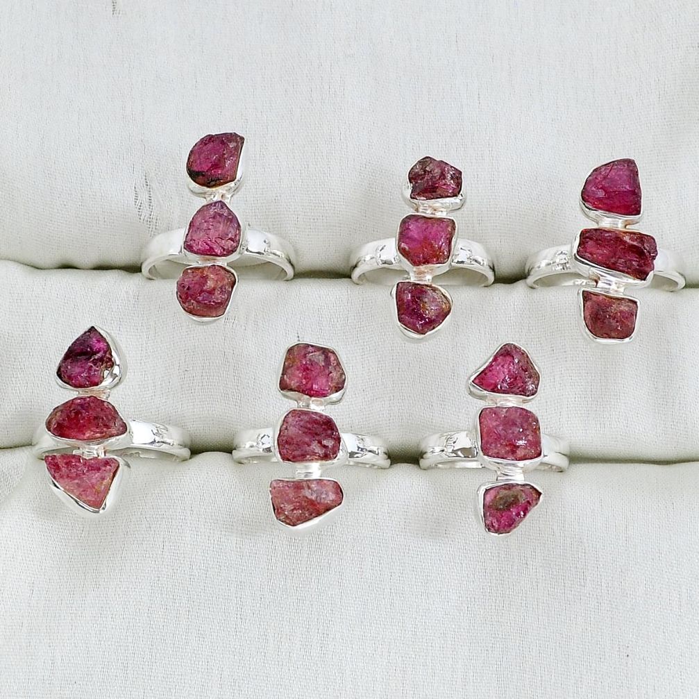 wholesale lot of 6 natural pink tourmaline rough 925 silver ring (size 6 - 8) w1386