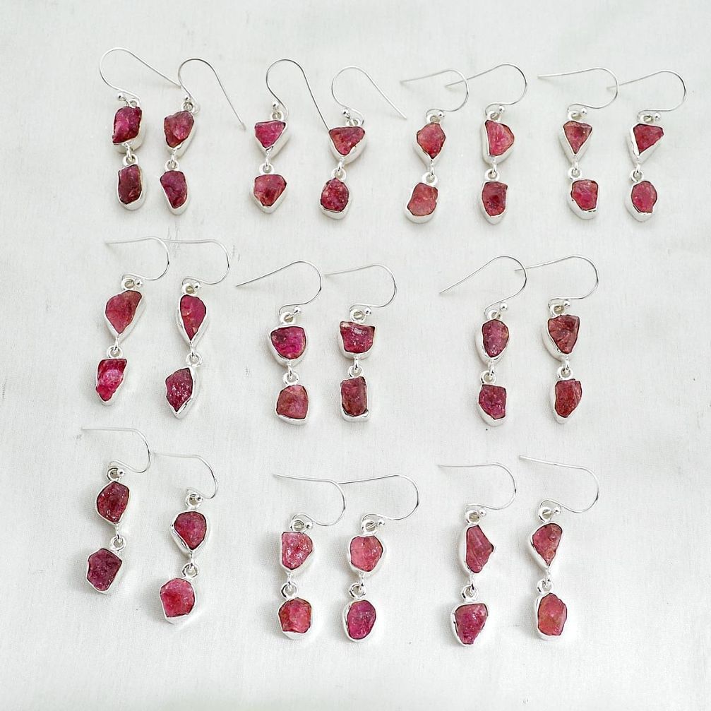 Wholesale lot of 10 natural pink tourmaline rough 925 silver dangle earrings w1388