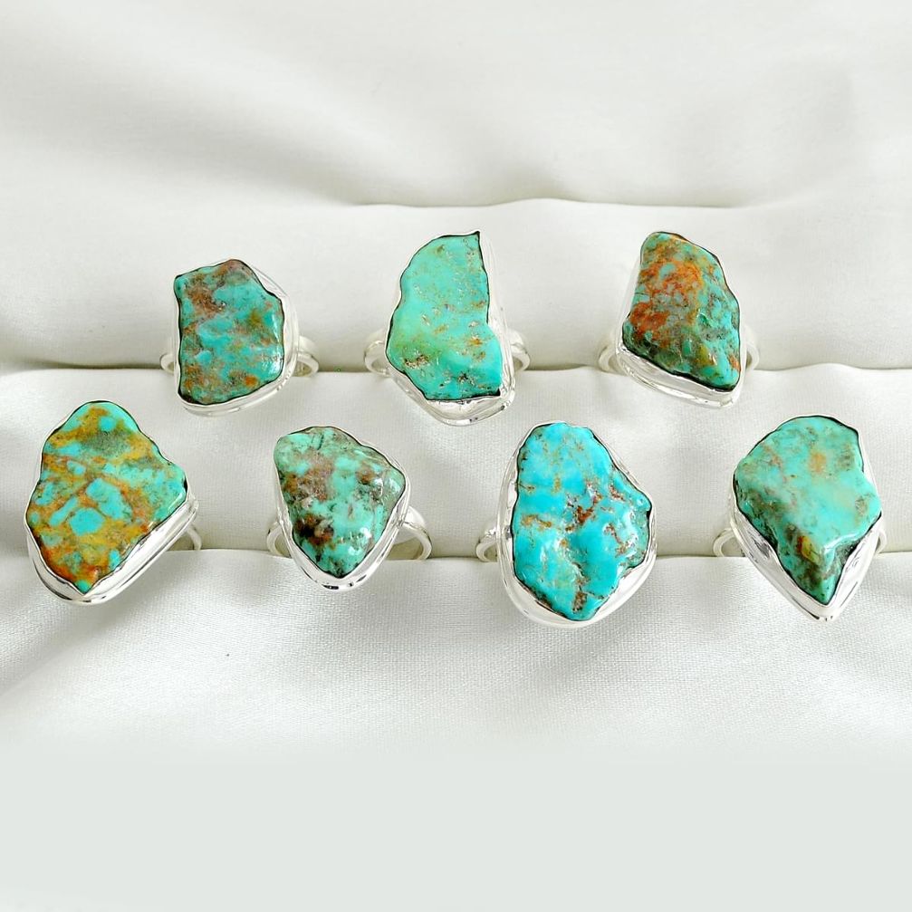 Wholesale lot of 7 natural green kingman turquoise 925 silver ring (size 7 - 8.5) w1404