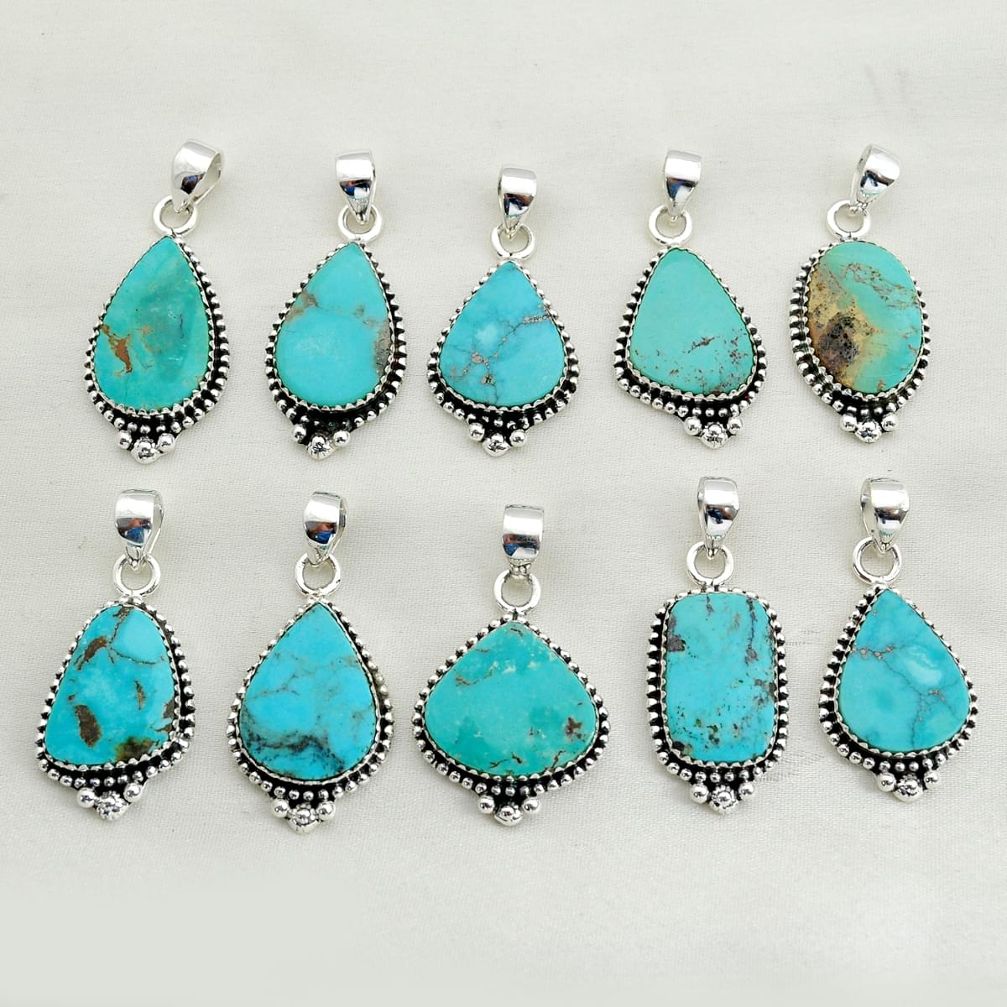 Wholesale lot of 10 natural green turquoise tibetan 925 silver pendant w1409