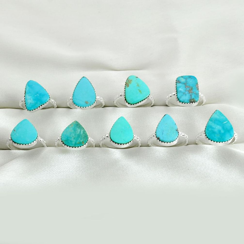 Wholesale lot of 9 natural green turquoise tibetan 925 silver ring (size 7 - 9) w1411